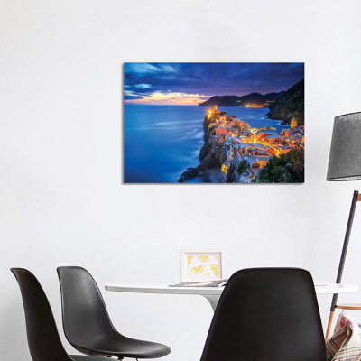 Italy, Vernazza. Overview Of Coastal Town At Sunset. by Jaynes Gallery - Wrapped Canvas Print