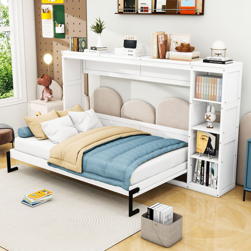 Lit escamotable en bois avec tablettes intégrées, Blanc, Double