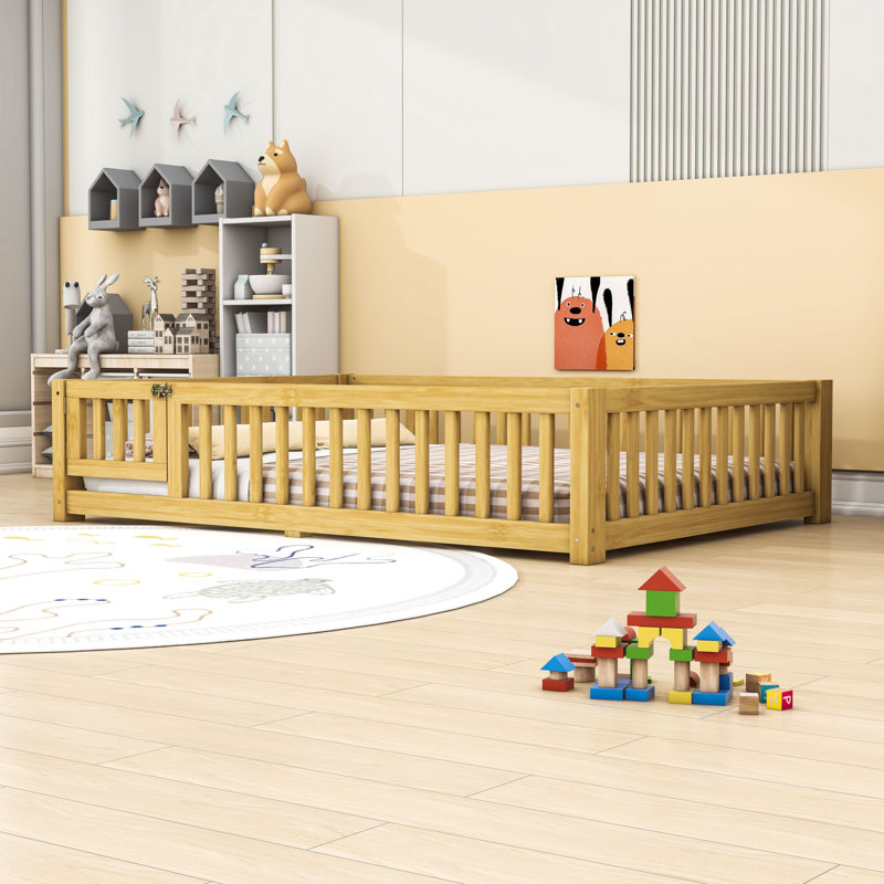 Floor Bed With Safety Guardrails And Door, Natural, Full