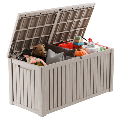 180 Gallon Large Outdoor Storage Deck Box With Lockable Lid & Hydraulic Hinges, All-Weather Resin With Faux Wood Texture, Bench-Style Design