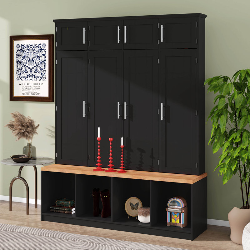 Hall Tree With 4 Hidden Hanging Hooks, Versatile Walnut Seating Bench With 8 Doors, Entryway Shoe Cabinet With Open Compartments