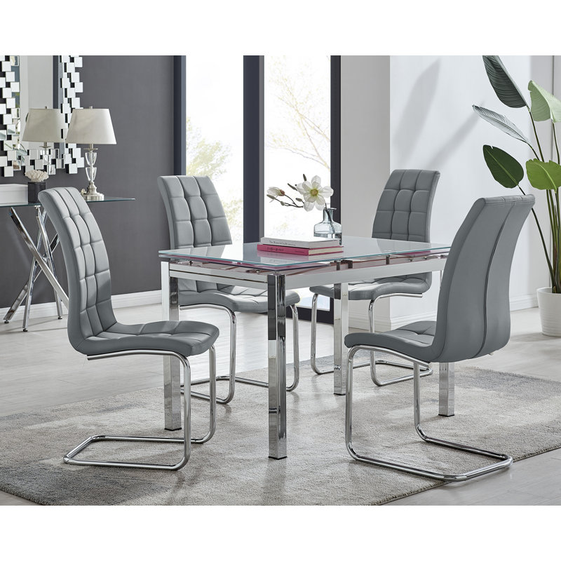 Tierra Modern Glass & Metal Extendable Dining Table Set & 4 Luxury Faux Leather Dining Chairs