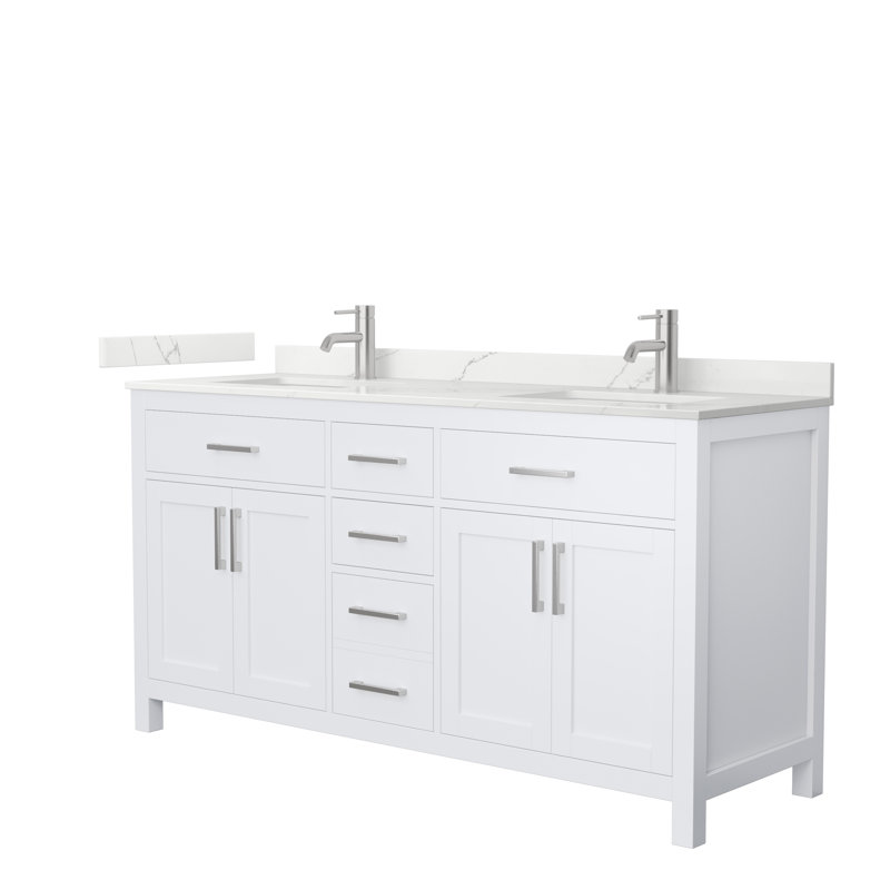Meuble-lavabo double autoportant de 66 po avec plateau en quartz Beckett, Blanc, Nickel brossé, Quartz Giotto