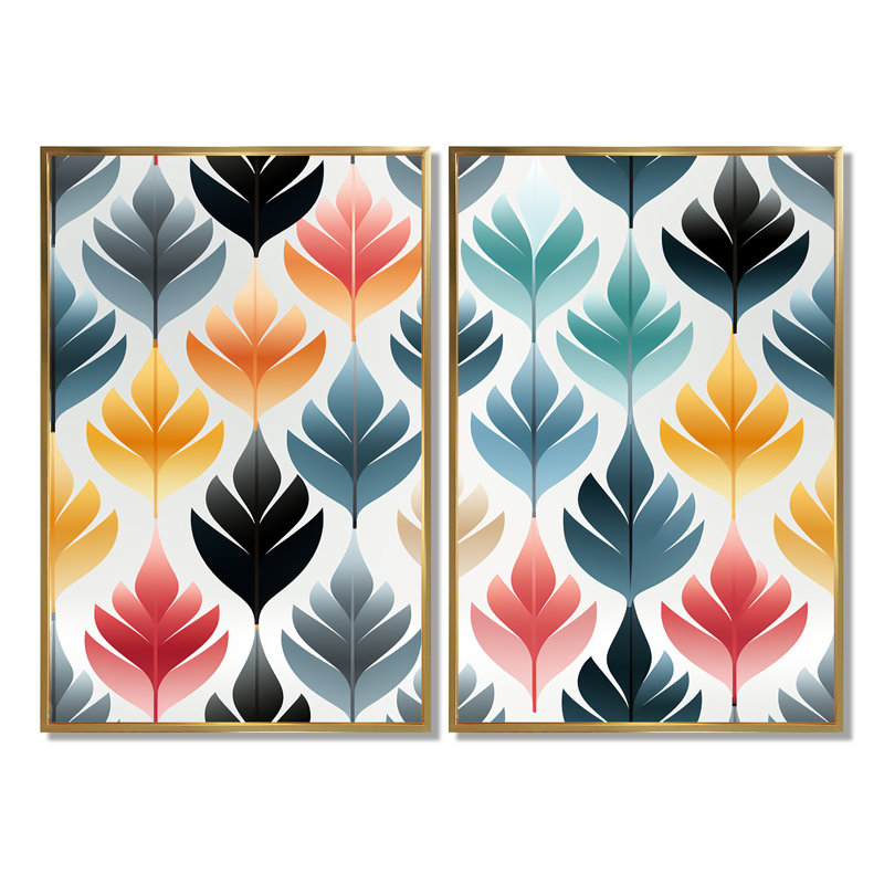Botanical Scandinavian Shapes - Art mural en toile bleue, 2 pièces, 36" H x 48" W, Impression encadrée flottante, Gold