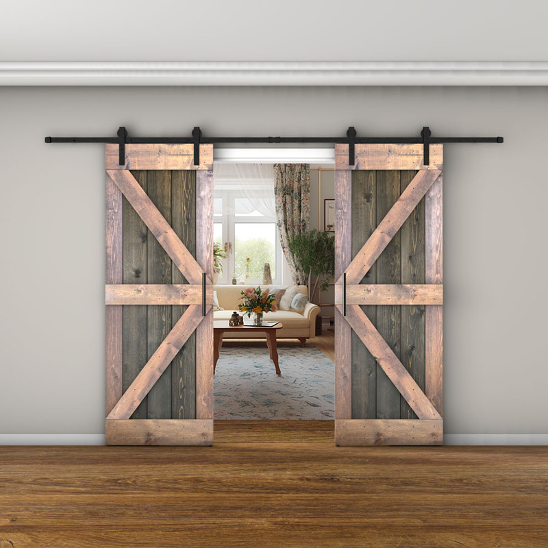 Porte de grange lambrissée peinte en bois et en métal, 60 po x 84 po, Acajou/ chêne