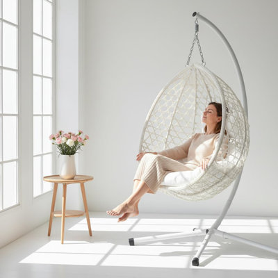 Fauteuil rond en rotin avec support - Blanc