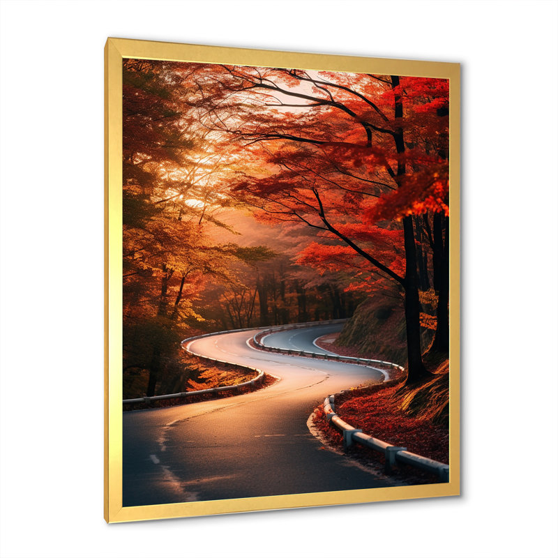 «Crimson Autumn Road Into Forest III» - art mural route, Cadre doré simple, H 32 po x l 16 po x P 1 po