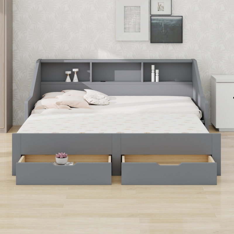 Daybed Featuring Storage Bookcases, Two Drawers and Built-in Charging Design, Gray