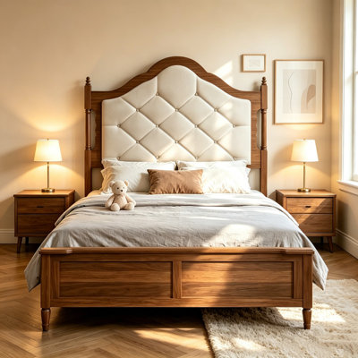 Traditional Farmhouse Vintage Modern Engineered Wood Platform Bed Frame with Warm Brown Wood Grain Finish, Sturdy Stable Support, No Box Spring Required, Complete Assembly Tools Included for Master Bedroom and Guest Room