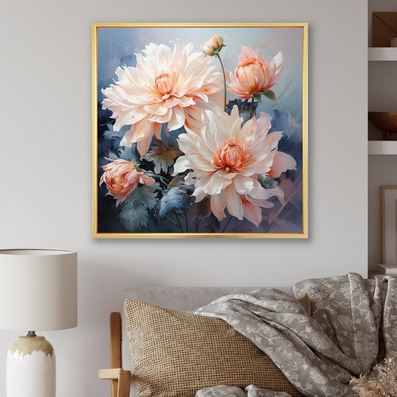 Impression romantique «I Peach Chrysanthemums Peach», Cadre flottant doré, H 36 po x l 36 po x P 1,5 po