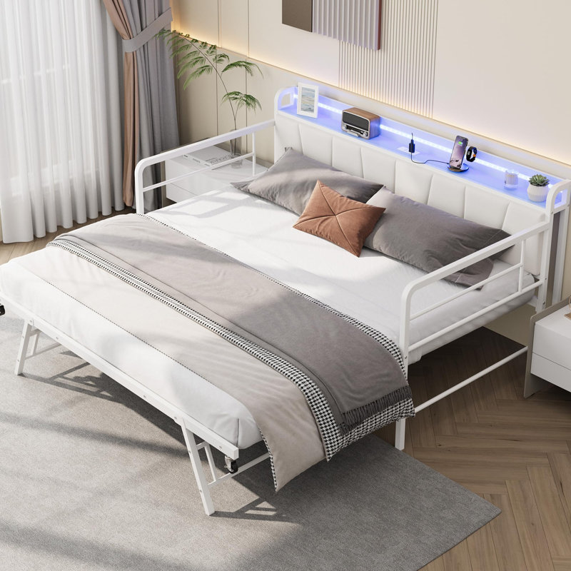 Avec lit gigogne, structure de lit simple avec tête de lit tapissier et station de charge et lumière DEL, lit gigogne en métal pour salon, chambre à coucher, blanc