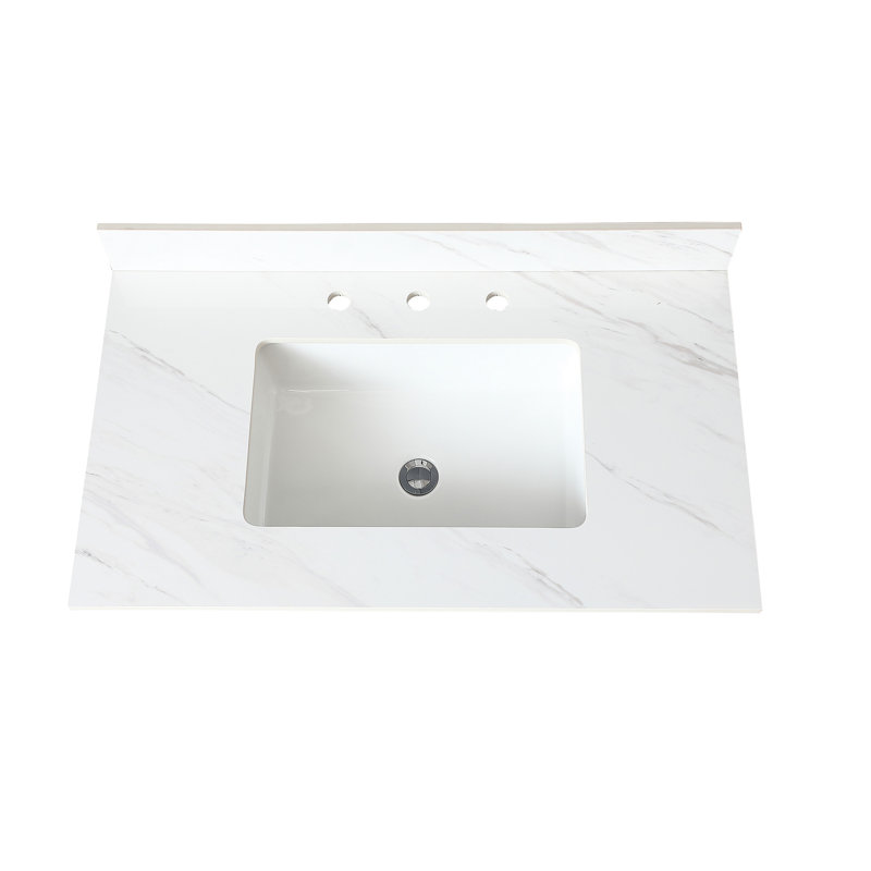 Comptoir de meuble-lavabo 37 po - Pierre frittée à motif blanc, dosseret de 4 po, lavabo rectangulaire, trou de robinet pré-percé, surface de surface en pierre de style intemporel avec mise à niveau élégante