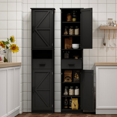 Grande armoire de rangement pour salle de bain avec 2 portes de grange, 1 tiroir, tablettes réglables et conception étroite pour les petits espaces