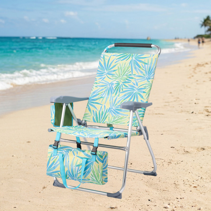 7-Position Reclining High Seat Folding Beach Chair, 17 Inch Elevated Seat Aluminum Lawn Chair With Padded Headrest, Detachable Storage Tote & Cup Holder For Beach, Camping, Pool & Outdoor Concerts