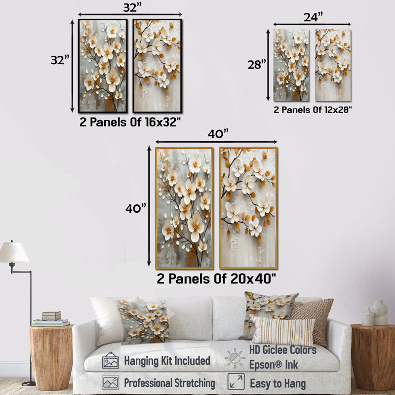 Ensemble d'impressions botaniques blanches et beige I - fleurs de cerisier 2 pièces, Argent argent, H 28 po x l 24 po