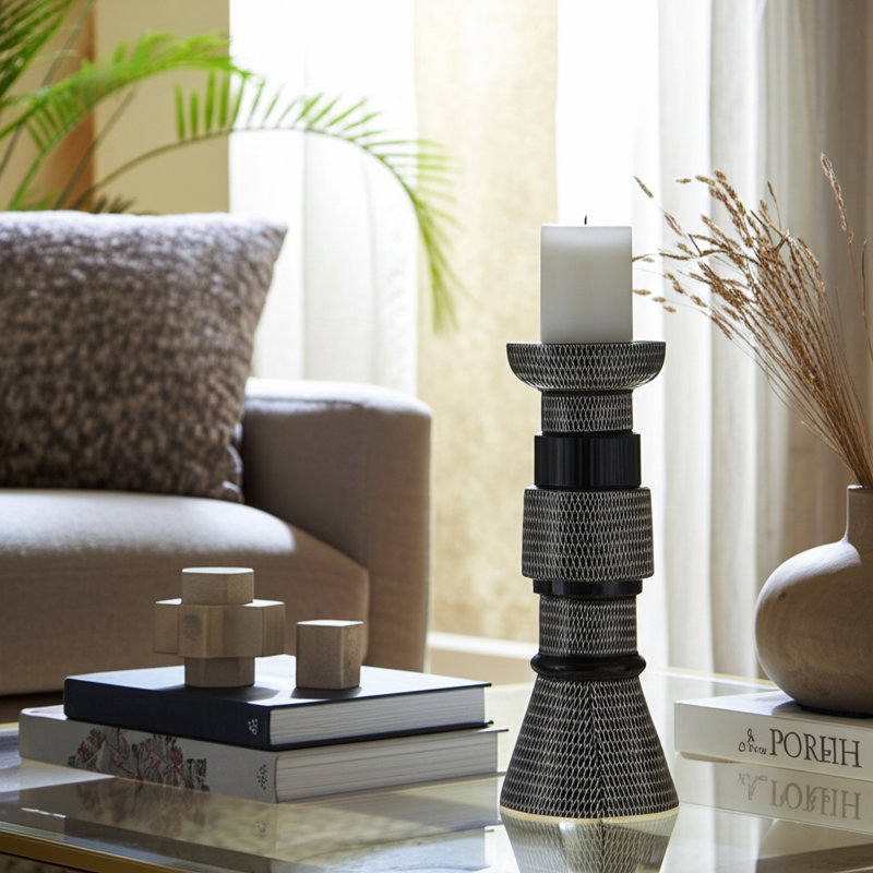 Pillar and Taper Candle Holder Stoneware and Ceramic Geometric Textured Pattern Blue and White Finish for Home Office Bedroom or Living Room Decor
