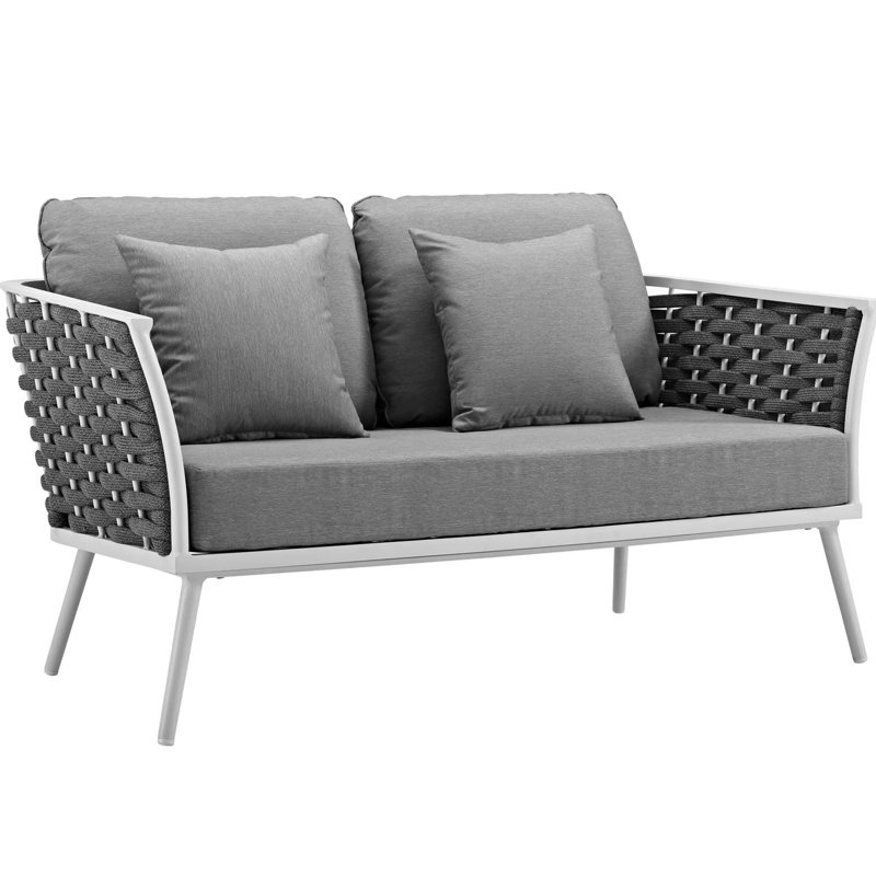 Stance Outdoor Patio Contemporary Modern Woven Rope Loveseat, Gray, White