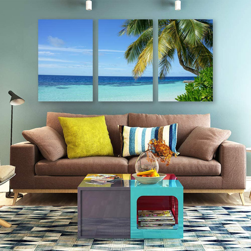 «Coastal Beach» IDÉE4WALL, 3 pièces d'art mural sur toile, palmiers de plage, paradis, œuvre d'art encadrée