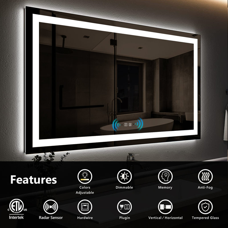 Berenize Rectangular LED Mirror Human Body Induction Motion Sensor Dimmable Anti Fog Vanity Mirror, 32" x 40"