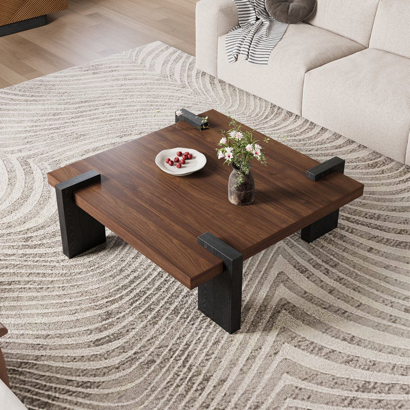 35.43" Mid Century Modern Square Coffee Table, Brown Solid Wood Veneer,4 Black Wood Legs