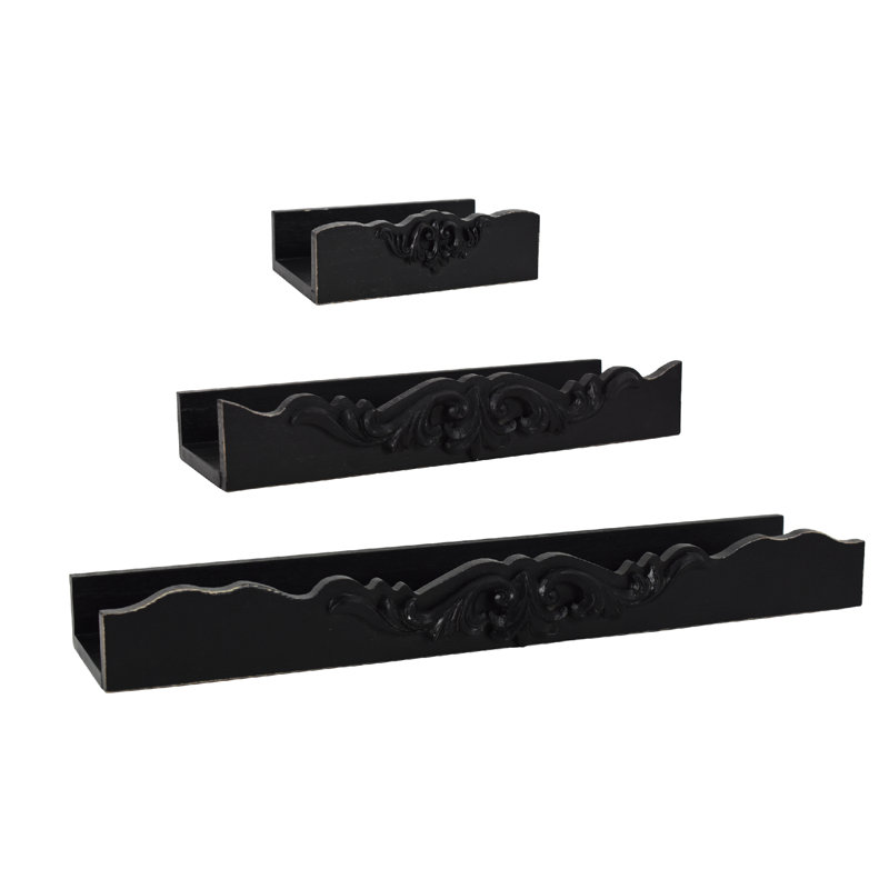 Vintage Black Ornate 3-Piece Floating Wall Shelf Set