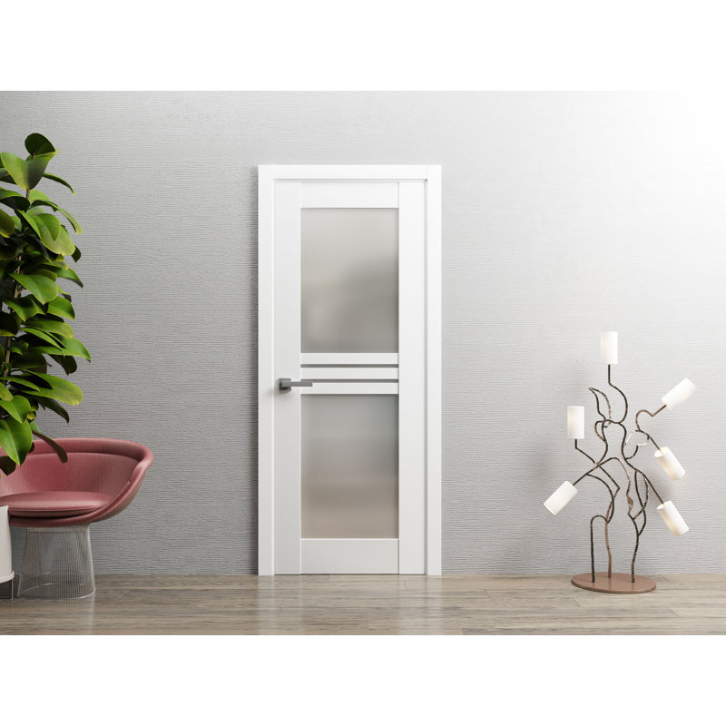 Porte française en verre opaque massif avec porte pré-suspendue 4 lumières / Mela 7222 / poignée simple à panneau régulier / porte de salle de bain moderne