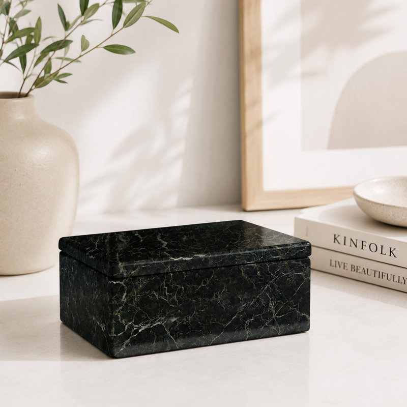 Boîte de rangement en marbre noir zébré, contenant rectangulaire avec couvercle 2 x 5, bibelot de meuble-lavabo en pierre veiné