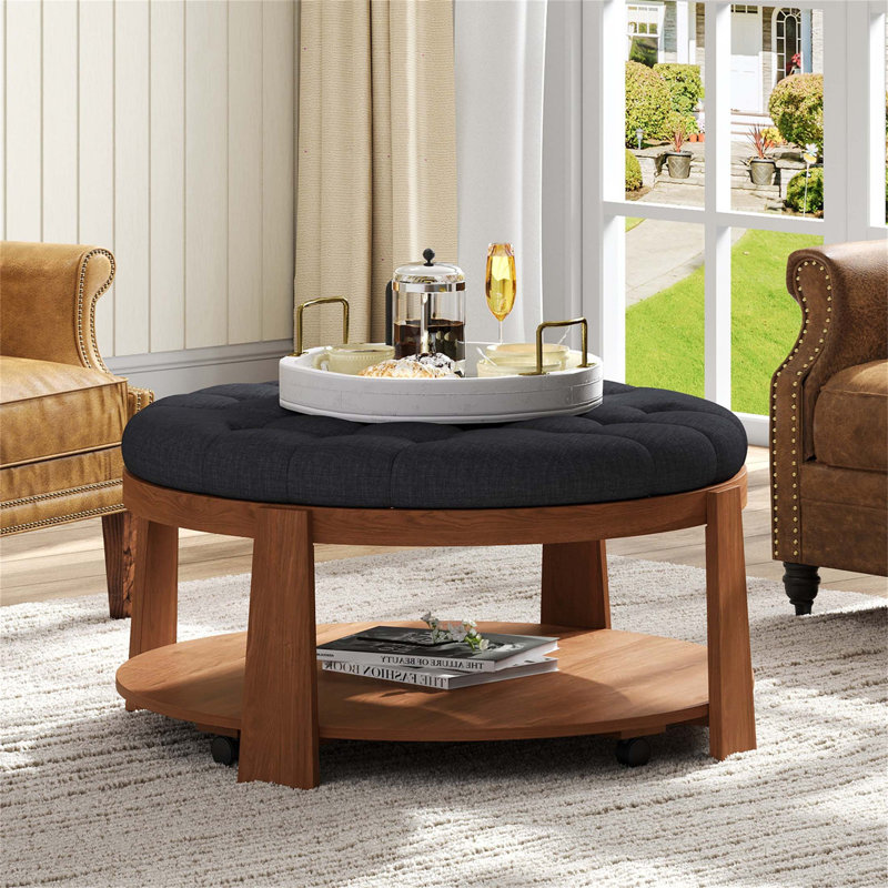 Versatile Tufted Ottoman Coffee Table with Shelf and Wheels for Living Room, Black/Brown