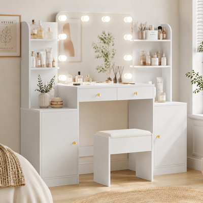 Meuble-lavabo l 53 po avec miroir à DEL 3 couleurs, grand ensemble de coiffeuse avec tabouret, prise de courant intégrée et support pour sèche-cheveux pour la chambre à coucher