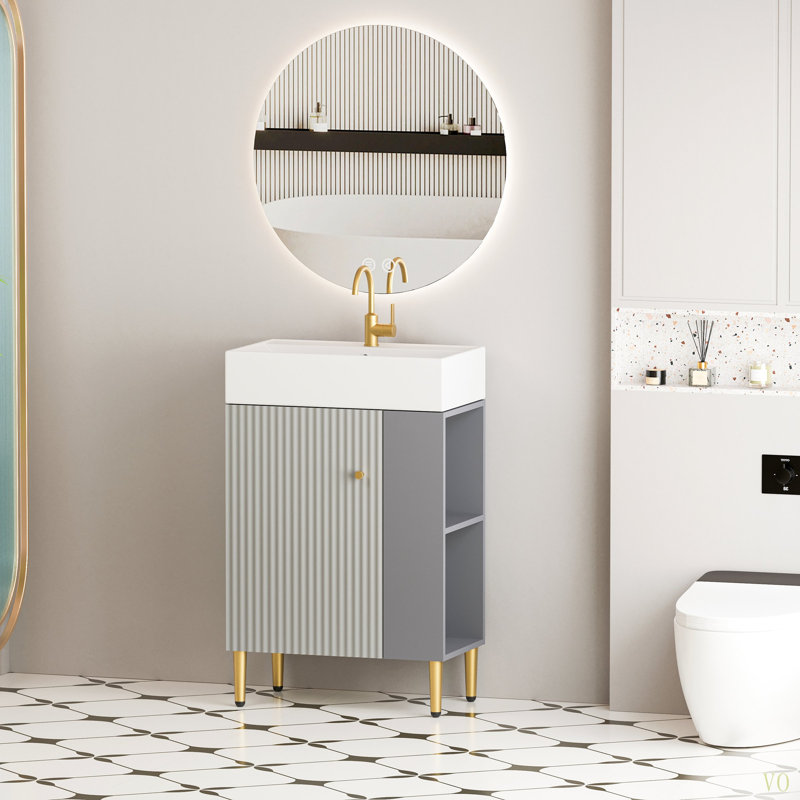 Meuble-lavabo à tablettes ouvertes de 21,6 po avec lavabo en céramique et porte à fermeture en douceur, armoire de rangement pour vestiaire sur le côté droit, finition à assembler requise