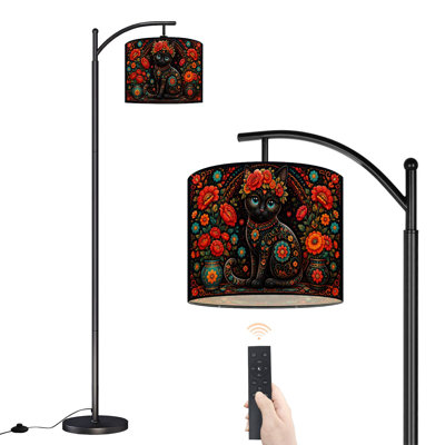 Arc Floor Lamp with Adjustable Lampshade Black Cat Floral Standing Lamp 3 Color Temperatures Dimmable Tall Pole Lamp with Foot Switch for Bedroom