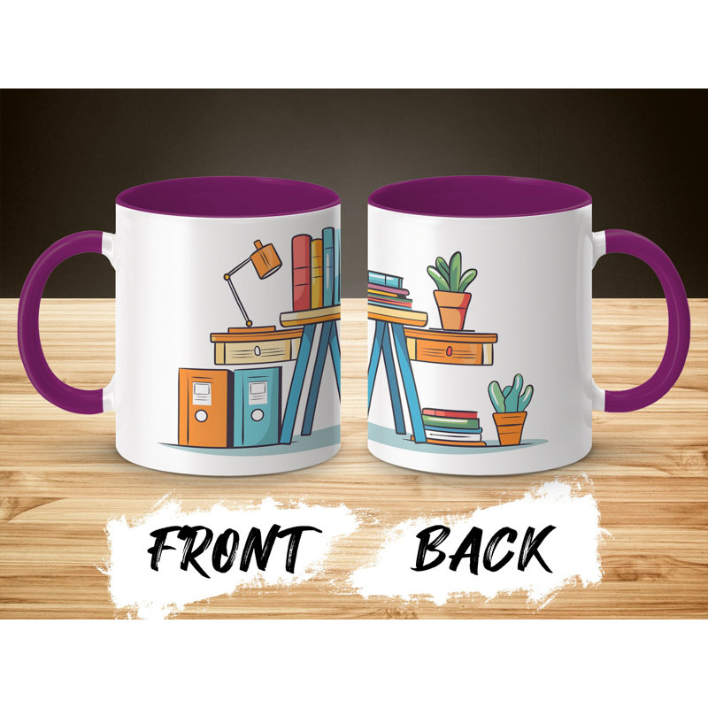 Kids Drawing Style 11oz Accent Mugs – Ceramic Coffee Cup with a Purple Handle and Interior