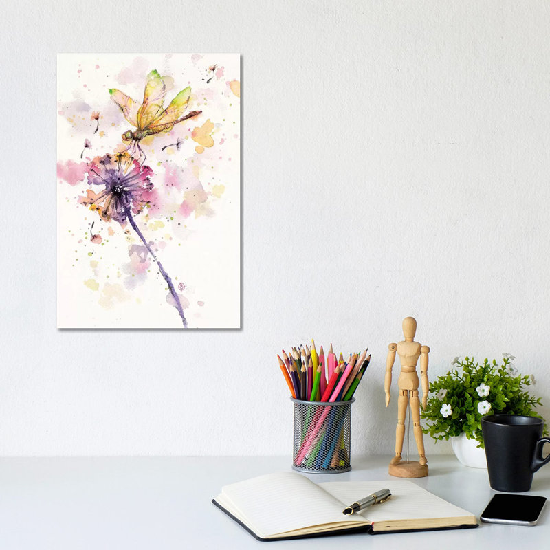 Dragonfly And Dandelion by Sillier Than Sally - Wrapped Canvas Painting, 20.32 cm H x 30.48 cm W