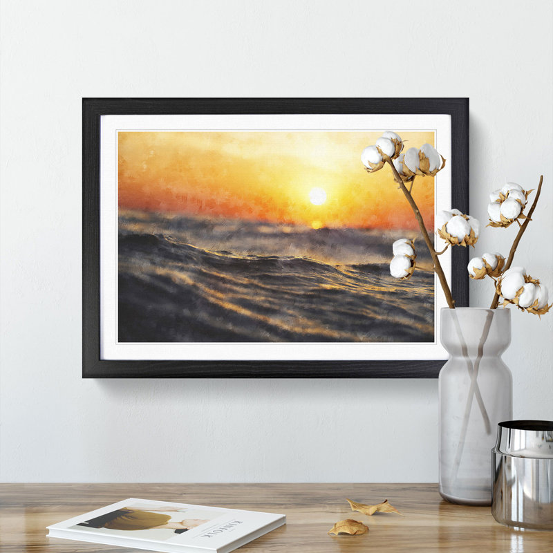 Orange Sunset Above the Waves - Picture Frame Graphic Art Print, 62cm H x 87cm W x 2cm D, Black Framed