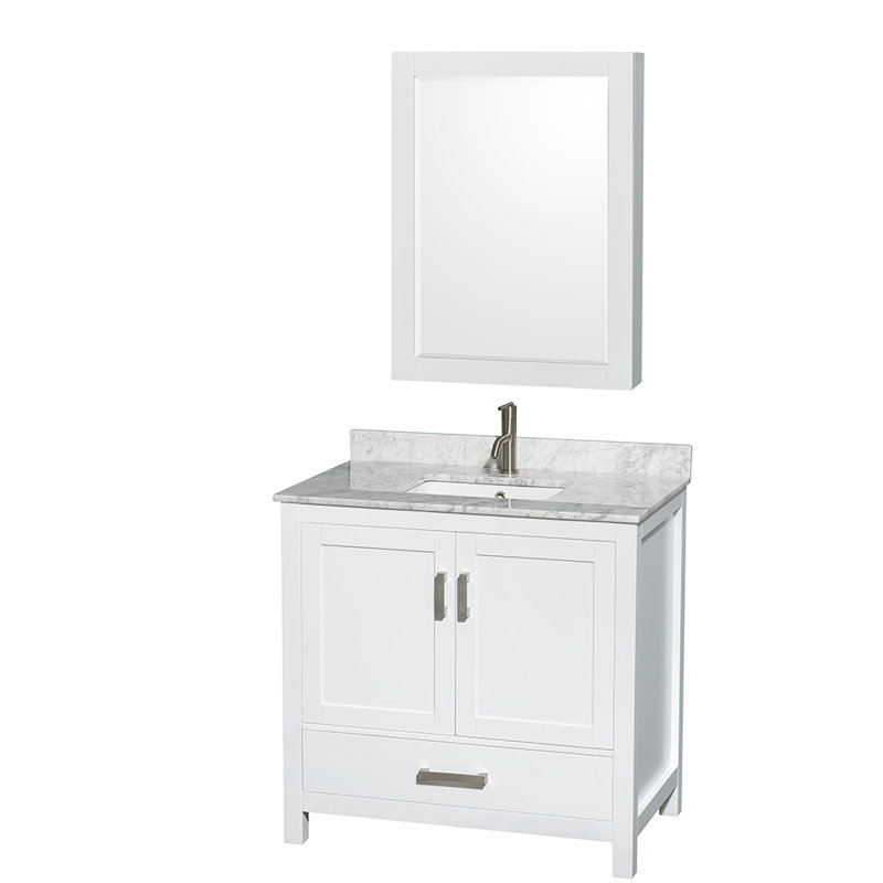 Sheffield 36" Single Bathroom Vanity Set with Mirror, White Carrara Marble, Gray, Single Hole