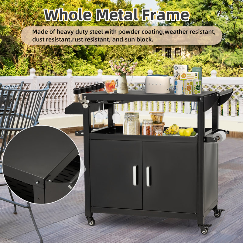 Black Steel Outdoor Grill Cart with Storage Cabinet and Wheels
