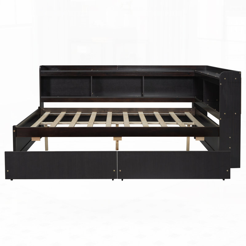 L-shaped Bookcases Bed with Two Drawers, Full, Espresso