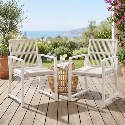Set of 2 Patio Dining Chairs, Metal Outdoor Chairs with Removable Cushion, 105° Ergonomic Backrest & Woven Design, Weather Resistant, White