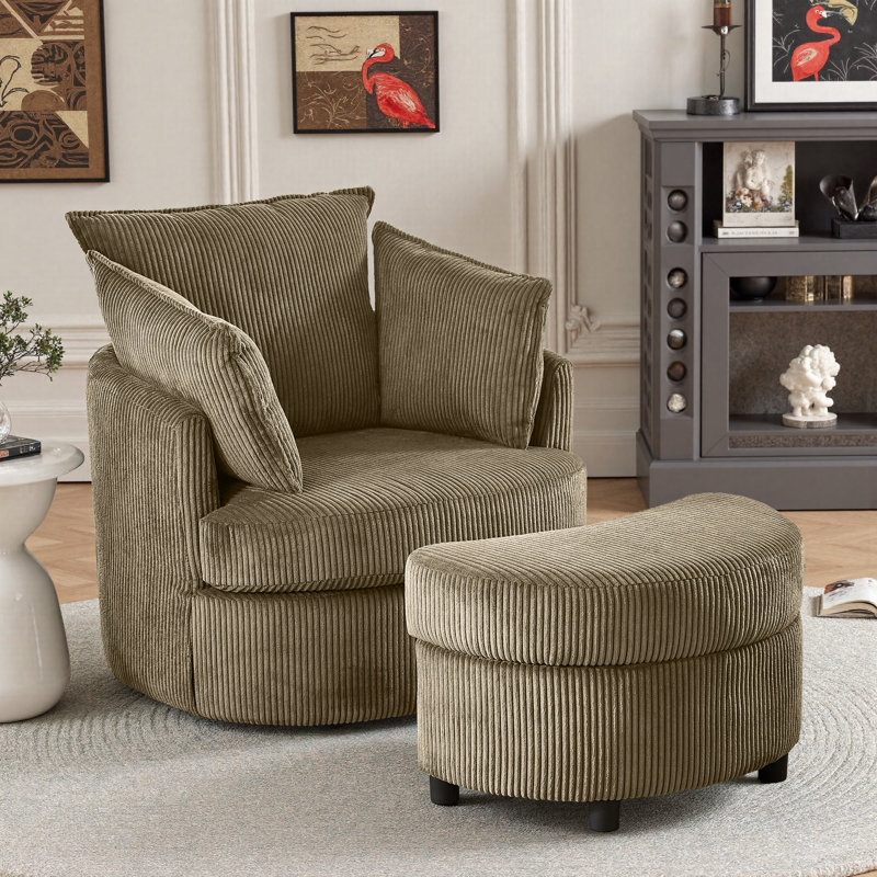 Swivel Accent Chair Round Barrel Armchair Upholstered Living Room Chair Corduroy Reading Chair Single Sofa Chair For Bedroom Apartment Office