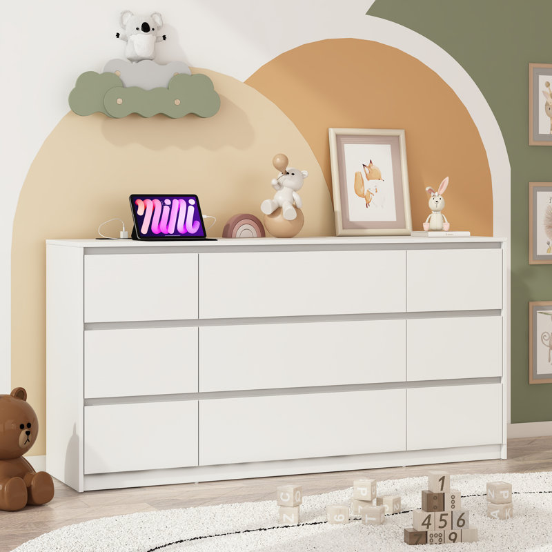 White 63-Inch Modern Wood Dresser with Charging Station