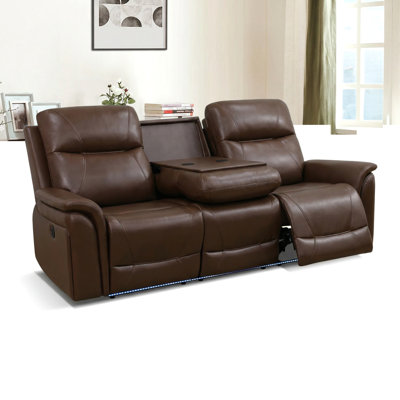 Canapé inclinable brun en cuir respirant, canapé de salon 3 places avec chargement USB et sans fil, lumière DEL, porte-gobelet rabattable, angles réglables, moteur silencieux, structure robuste, canapé de cinéma maison confortable