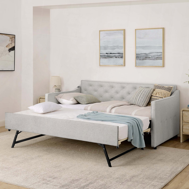 Upholstery DayBed Pop-up Trundle USB Charging Design, Beige
