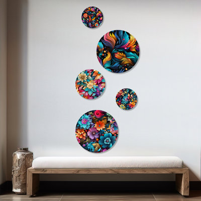 Hemenway - Ensemble d'art mural rond floral glamour de 5