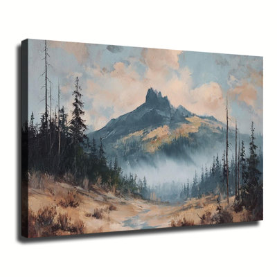 «Misty Rocky Mountain Peak Forest Trail», peinture à l'huile sur toile tendue avec grande galerie pour salon chambre à coucher