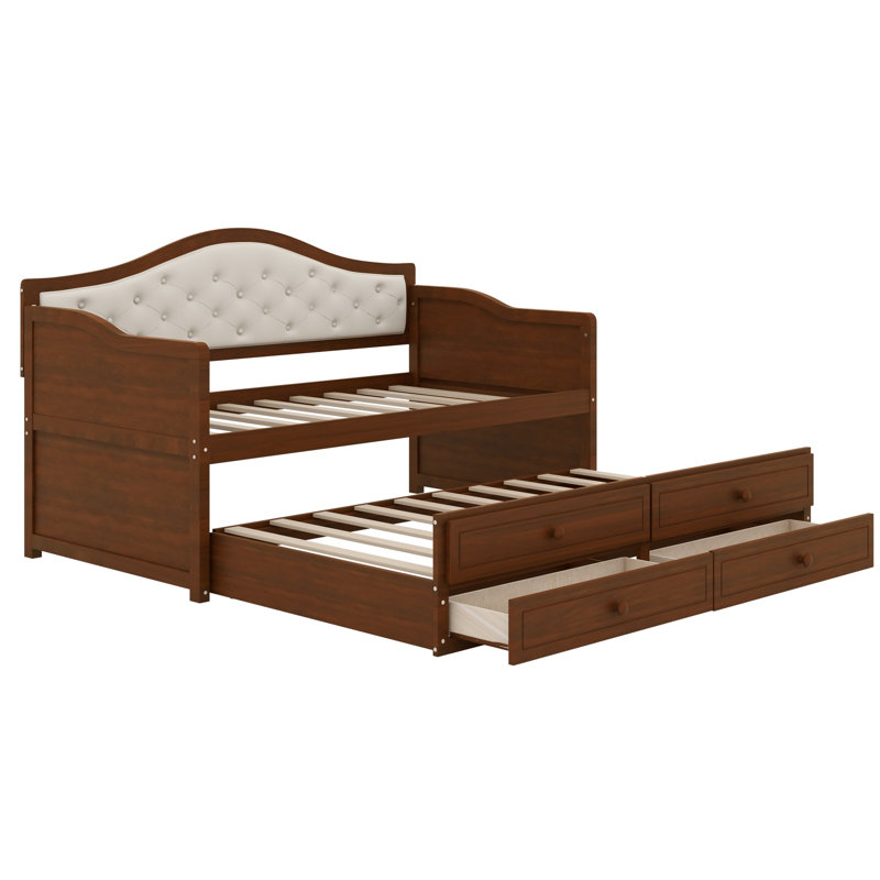 Daybed with Trundle, 2 Storage Drawers and Upholstered Button Tufted Backrest for Living Room, Bedroom and Guest Room, Walnut