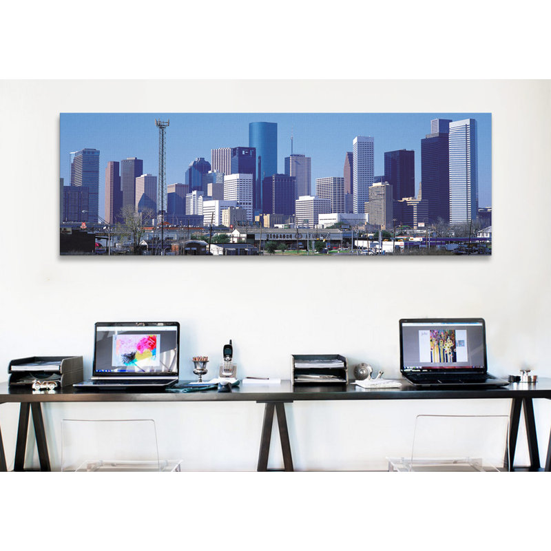 Cityscape panoramique, reproduction de photo sur toile houston, H 16 po x l 48 po x P 1,5 po, Bleu, Toile tendue