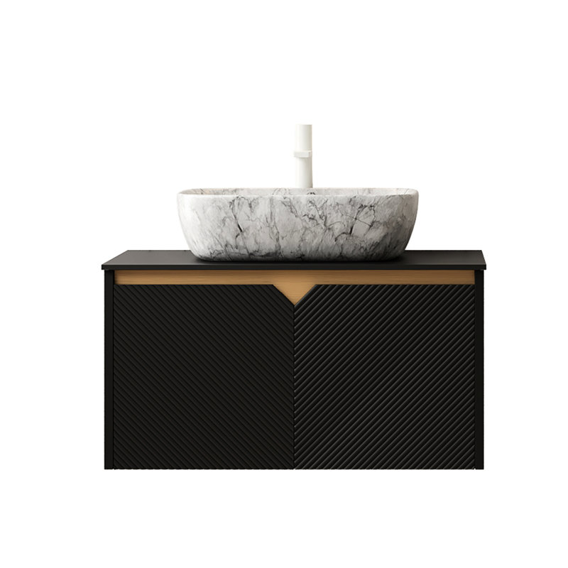 Transparent Round Glass Basin 36" Bathroom Vanity, Floating Plywood Storage With Twill Double Doors, Metal Trim,  Sintered Stone Top And Soft Close Mechanism Vanity Featuring Vessel Basin, Top,