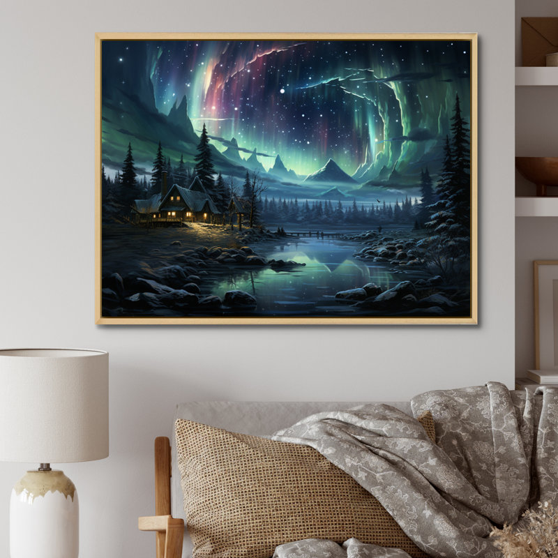 Northern Lights Starry Night III sur impression sur toile, H 24 po x l 32 po, Cadre naturel flottant