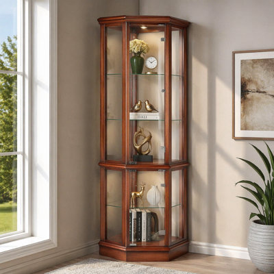 Vitrine de coin éclairée à 6 tablettes avec tablettes réglables en verre trempé et fond miroir, cerisier (ampoule E26 non incluse)