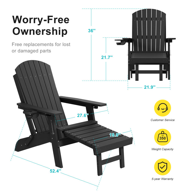 Folding Adirondack Chair with Retractable Ottoman & Cup Holder, 3-Position Adjustable for Patio, All-Weather Outdoor Seating